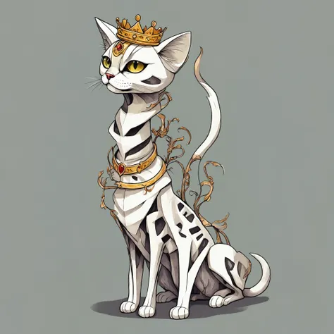 a drawing of a cat with a crown on its head, illustration of a cat,  skeletal with extra fleshy bits, Severo, an anthro cat, fleshy skeletal, Full body cat, by Muggur, vampire cat, cat design, by Muirhead Bone, anthro cat, skeleton, by Martina Krupičková