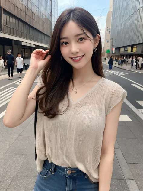 1girl, solo, highres, best_quality, masterpiece, detailed_background, intricate_details, beautiful, fukuoka, tenjin, cityscape, modern_fashion, casual_clothes, smile, looking_at_viewer, dynamic_pose, natural_pose, candid, happy