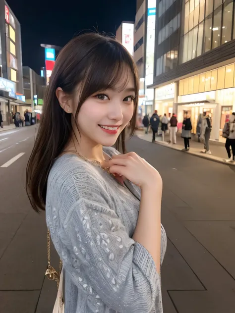 1girl, solo, highres, best_quality, masterpiece, detailed_background, intricate_details, beautiful, fukuoka, tenjin, cityscape, modern_fashion, casual_clothes, smile, looking_at_viewer, dynamic_pose, natural_pose, candid, happy