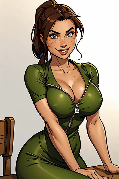 Thin woman (Lara Croft), age 25, 4K (High definition), beautiful smiling, seducing gaze, eyes browns, wearing a green dress (com zipper lateral) and short sleeves, arms positioned at the side of the body, brunette skin, long brown hair tangled (pony-tail),...