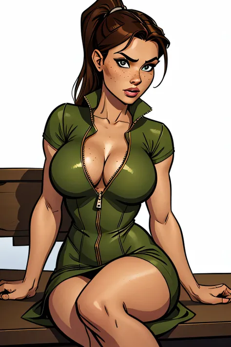 Thin woman (Lara Croft), age 25, 4K (High definition), thoughtful, seducing gaze, eyes browns, wearing a green dress (com zipper lateral) and short sleeves, arms positioned at the side of the body, brunette skin, long brown hair tangled (pony-tail), upper ...