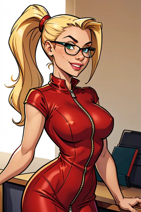 Thin woman, age 25, 4K (High definition), beautiful smiling, seducing gaze, greeneyes (wearing glasses), wearing a red dress (com zipper lateral) and short sleeves, arms positioned at the side of the body, Caucasian skin, long blonde hair with ponytail, up...