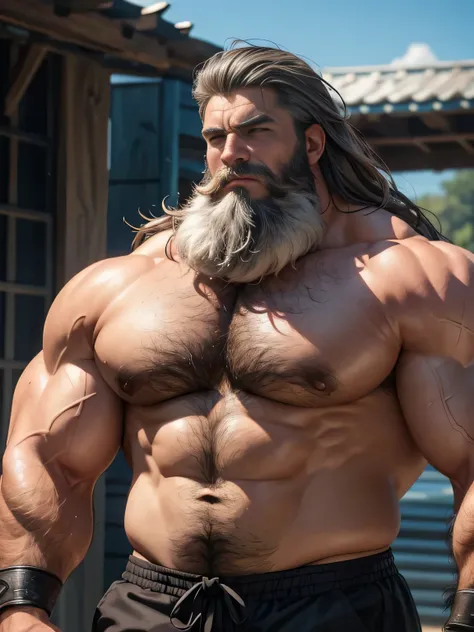 A burly, virile, and hairy dragon, exuding the irresistible charm of a himbo muscle daddy. His middle-aged features, adorned by a long, bushy beard and a thick mustache, reveal a life of experience and adventure. His body, sculpted  into a warriors build a...