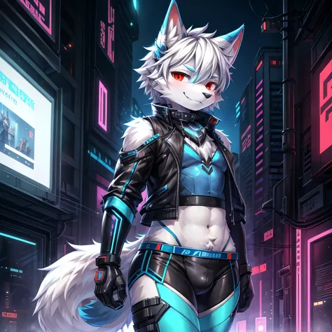 ((masterpiece, best quality)), (anthro furry:1.3, snout:1.2, anthro:1.3, furry:1.2, solo male:1.2, smug smile), Furry, kemono, furry wolf, anthropomorphic, male, silver fur, silver skin, red eyes, femboy, cyberpunk clothes, sexy clothes, revealing clothes,...