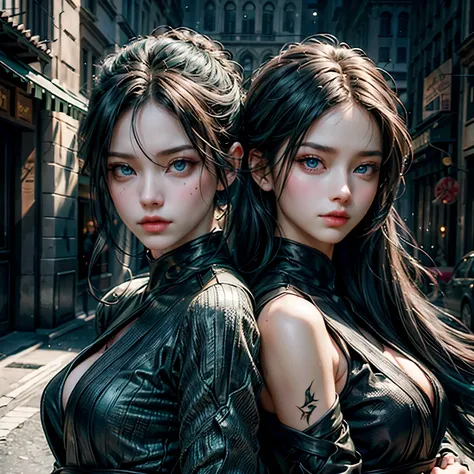 beautiful two ninja girls, one with green eyes and one with blue eyes, different outfits, captivating gazes, long black hair, fierce look, (best quality,4k,8k,highres,masterpiece:1.2),ultra-detailed,(realistic,photorealistic,photo-realistic:1.37),cinematic...