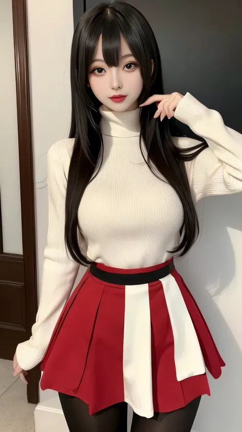 Ultra-detailed、Japanese、attractive beauty、seductive young skinny woman、pretty thin woman、piercing eyes、cool girl、long black hair, swept bangs、turtleneck sweater tucked in, high waisted skirt, black pantyhose, sexy vampire, fangs, glowing red eyes, Evil cad...