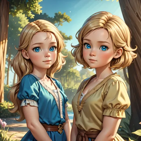 masterpiece, 4k,8hd,artstation,best qualityer,soft lighting,8k,perfection,forest,,13 year old,adolescent,tree twins,blondes,blue...