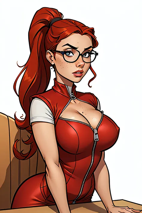 Thin woman, age 25, 4K (High definition), thoughtful, seducing gaze, eyes browns (wearing glasses), wearing a red dress with a boat neck (com zipper lateral) and short sleeves, arms positioned at the side of the body, Caucasian skin, long red hair with pon...