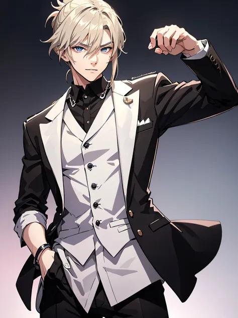 anime attractive man, 20 year old, blonde hair, very very short ponytail, tall, muscular, black suit, silver lining, formal clot...