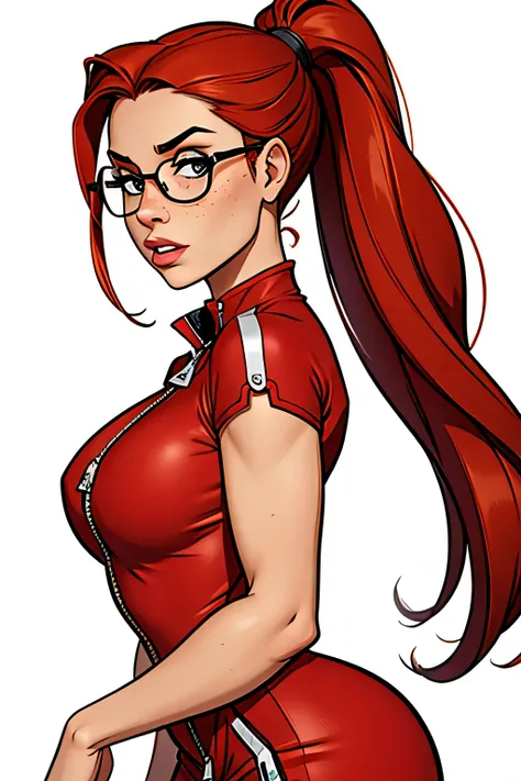 Thin woman, age 25, 4K (High definition), sending a kiss, seducing gaze, eyes browns (wearing glasses), wearing a red dress with a boat neck (com zipper lateral) and short sleeves, arms positioned at the side of the body, Caucasian skin, long red hair with...