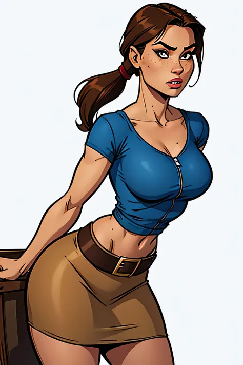 Thin woman (Lara Croft), age 25, 4K (High definition), thoughtful, seducing gaze, eyes browns, wearing a blue boat neck t-shirt and a long beige skirt with a brown belt and side zipper, arms positioned at the side of the body, brunette skin, long brown hai...