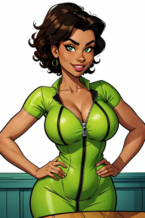 Thin woman, age 25, 4K (High definition), beautiful smiling, seducing gaze, eyes browns, wearing a fluorescent green dress (com zipper lateral) and short sleeves, arms crossed with hands on hips, brown skin, Bblack hair (curly to the shoulders), upper body...