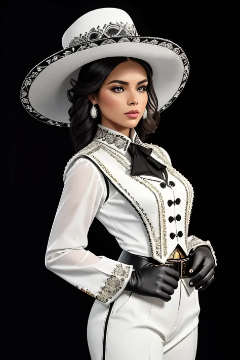 **Digital image of a beautiful and gorgeous woman standing on a dark background. The woman wears the traditional mariachi outfit, consisting of a white blouse, Trousers and vest in black with silver buttons, like the hat in black with intricate white detai...