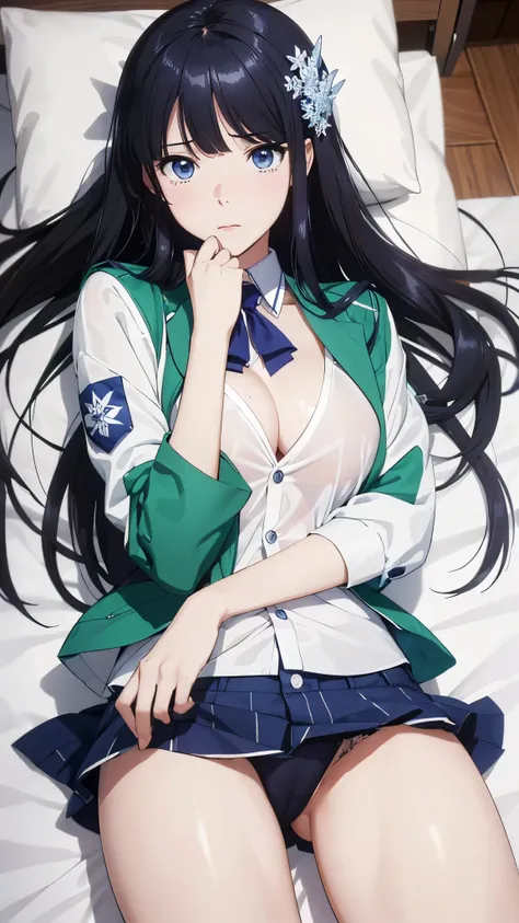 1 personの, alone, masterpiece, Highest quality, The Irregular at Magic High School, Miyuki Shiba, Shiba Miyuki, iris, blue eyes, tsurime, eyelash, Black Hair, Long Hair, Hime cut, Straight hair, Blunt bangs, blunt end, Side Lock, hair ornaments, snowflake ...