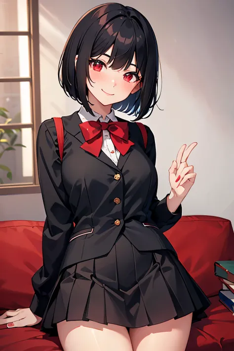 A stunningly beautiful smiling college girl, blushing, short black hair, bob cut, wearing an Japanese school uniform, red eyes, Alice the bully, 18 yo, short skirt, red bow, dark grey vest,