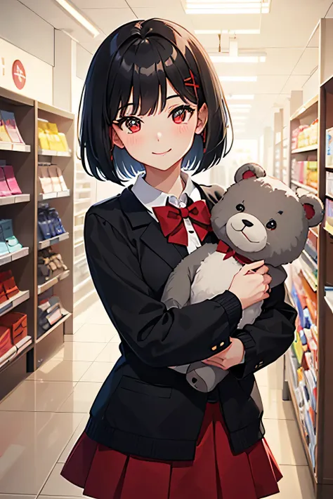 1 stunningly beautiful smiling college girl, blushing, short black hair, bob cut, wearing an Japanese school uniform, red eyes, Alice the bully, 18 yo, short black skirt, red bow, ((gray vest)), holding a fluffy black teddy bear in a store,