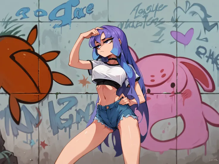 Masterpiece , Excellent quality , high resolution , 1 woman , Long Lilac Hair , bored face , White crop top , Jean Shorts , abdomen , big breasts , Long legs , hands on hips ,  Graffiti wall