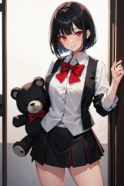 1 stunningly beautiful smiling college girl, blushing, short black hair, bob cut, wearing an Japanese school uniform, red eyes, Alice the bully, 18 yo, ((short black skirt)), red bow, ((light gray vest)), holding a fluffy ((black teddy bear)) in a store,