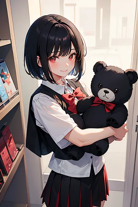 1 stunningly beautiful smiling college girl, blushing, short black hair, bob cut, wearing an Japanese school uniform, red eyes, Alice the bully, 18 yo, ((short black skirt)), red bow, ((light gray vest)), holding a fluffy ((black teddy bear)) in a store,