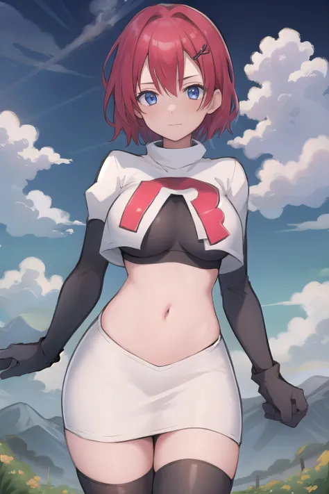 best quality, (masterpiece:1.2), illustration, absurdres, (1girl, solo, beautiful detailed girl),
Emily, short hair, red hair, hair ornament, hairclip, blue eyes, medium breasts,
garrison cap, team rocket,team rocket uniform,white skirt,red letter R,crop t...