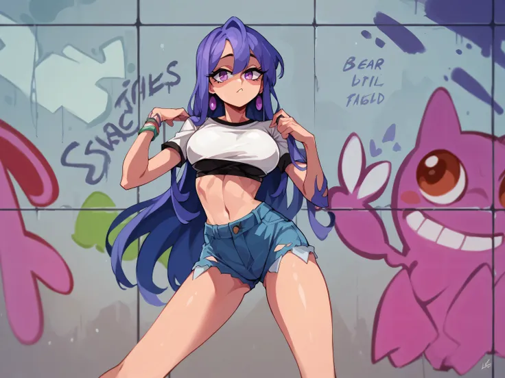 Masterpiece , Excellent quality , high resolution , 1 woman , Long Lilac Hair , White crop top , Jean Shorts , abdomen , big breasts , Long legs , hands on hips ,  Graffiti wall