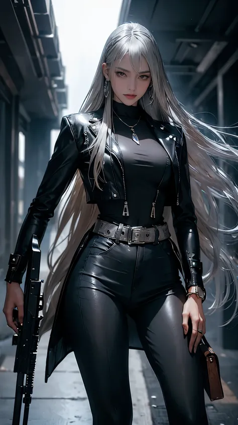 (long silver hair:1.5),Beautiful 25 year old Indian female vampire mercenary, brown skin, (Wearing a blue leather jacket and tight black pants.;1.3), Carrying a rifle, view from the front, waist shot, dynamic pose, Ambient lighting, photographic realism, I...