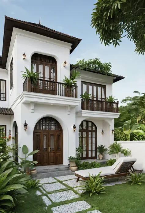 Render a 8-story Indochine-style villa in a serene setting. The villas exterior is painted in a simple, elegant white, with traditional Indochine architectural elements such as arched windows, wooden shutters, and decorative railings. The roof features a t...