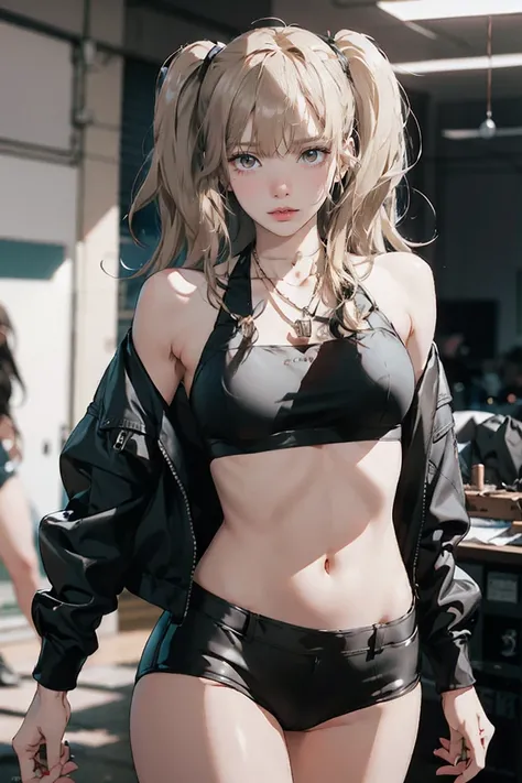 Realistic:1.2, Rocker girl in leather jacket,Slim figure、Normal bust size、 highly Realistic photograph, whole body, Browsing Caution, Spiked clothing,White tank top、Navel exposed、Leather high leg bikini pants、tattoo,Earrings Dark lipstick, blue eyes,Blonde...