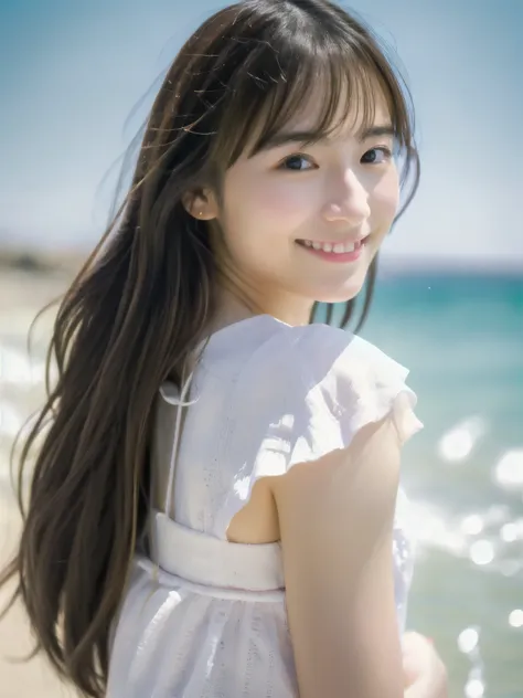 Japanese, one person, 20-year-old, cute, smile, bright, The background is the seaside, Sunlight, one piece, highest quality, shape, Very detailed, finely, High resolution, 8k wallpaper, Perfect dynamic composition, Beautiful and exquisite,one person,Small ...