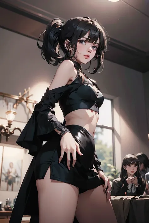 A pose showing off your waist and shoulders, When viewed from the front, The composition is symmetrical, look back, From behind, // Style one person, russian doll, Thick mascara, Big eyes, Droopy eyes, Dark eyeliner, Dark Red Rouge, Red lips, Chic body, Sm...
