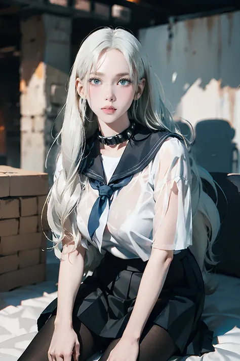 ((See-through)), (Sailor collar uniform), shirt, Pleated skirt, (Black Pantyhose), [:(Detailed face:1.2):0.2], RAW Photos, (masterpiece), (Highest quality), High resolution, (Realistic, photo-Realistic:1.2), Super detailed, Physically Based Rendering, One ...