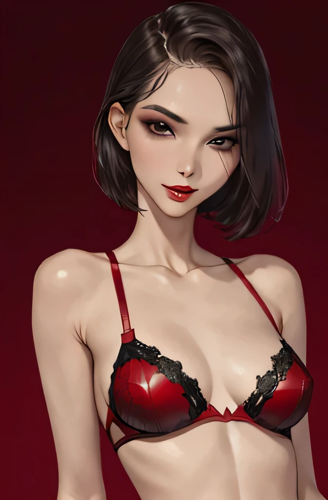 1 girl,a beautiful fashion model ,(masterpiece, detailed background, best quality),short and shiny hair, black hair,smirk, juicy lips, red lips, lingerie, stripping, elegant makeup, exhibitionism, torn spiderman outfit, extravagant makeup, slender body