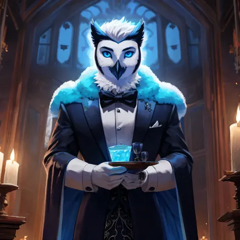 snow owl man Anthro, bonitas, mascle, chic, brawny, bright blue eyes, Butler dress, expression would be, a blue aura around you, conjuring ice magic from his hands, in a mysterious mansion, fine-detailed, 8k, with shadows