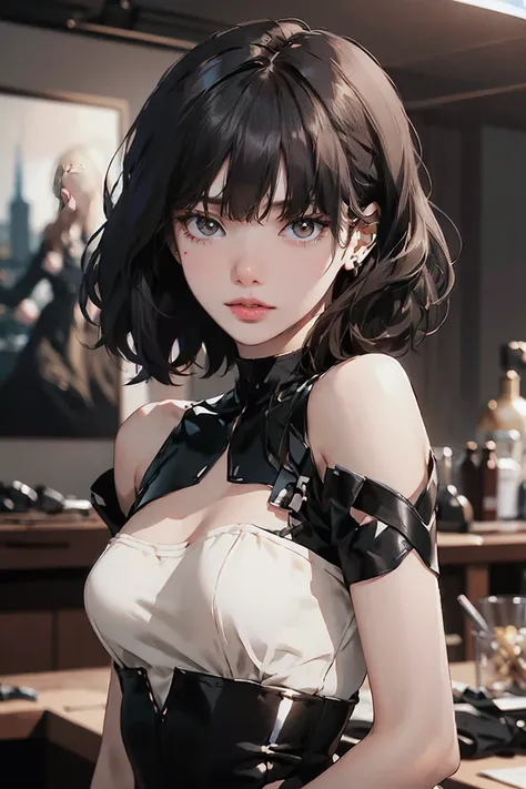 A pose showing off your waist and shoulders, When viewed from the front, The composition is symmetrical, look back, From behind, // Style one person, russian doll, Thick mascara, Big eyes, Droopy eyes, Dark eyeliner, Dark Red Rouge, Red lips, Chic body, Sm...