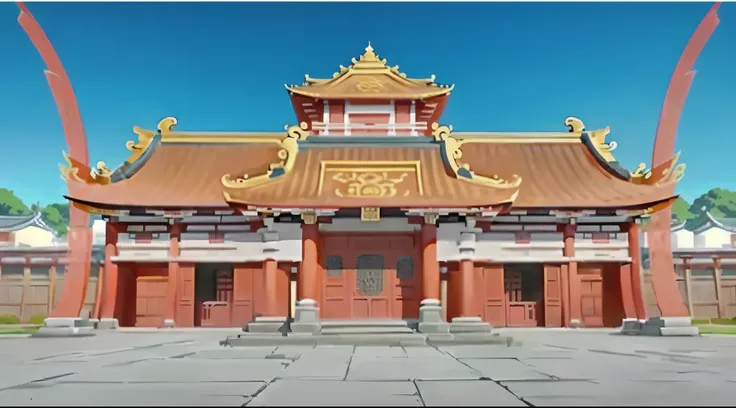 Close up of cartoon building，Red roof and red doors, temple background, Cora Legend setting, background depicting a temple, anime Yuruying, a temple, Madhouse Studios Anime Style, buddhist temple, large temples, Tang Dynasty Palace, Japanese feudal backgro...