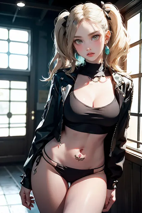 Realistic:1.2, Rocker girl in leather jacket,Slim figure、Normal bust size、 highly Realistic photograph, whole body, Browsing Caution, Spiked clothing,White tank top、Navel exposed、Leather high leg bikini pants、tattoo,Earrings Dark lipstick, blue eyes,Blonde...