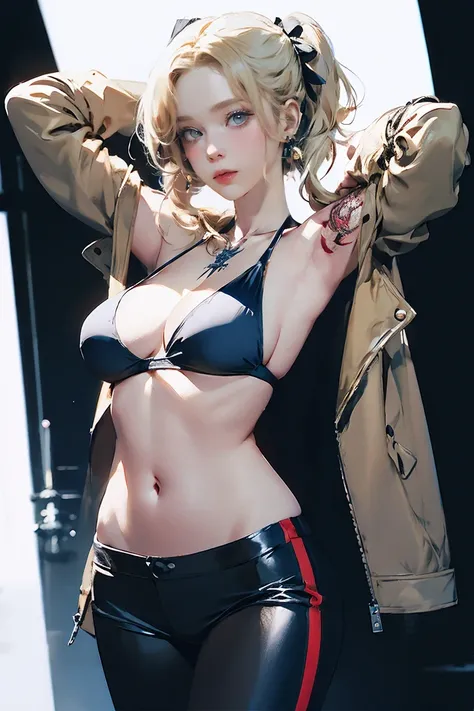 Realistic:1.2, Rocker girl in leather jacket,Slim figure、Normal bust size、 highly Realistic photograph, whole body, Browsing Caution, Spiked clothing,White tank top、Navel exposed、Leather high leg bikini pants、tattoo,Earrings Dark lipstick, blue eyes,Blonde...