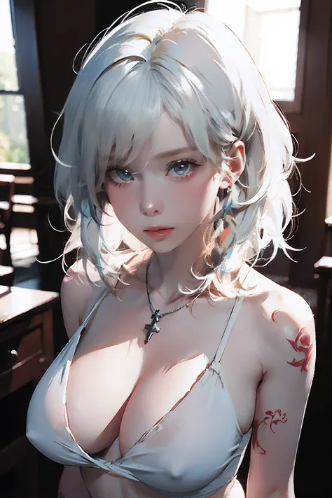 ((woman with tattoo on chest)), girl, Short white hair with bangs, Black strands of hair, Purple eyes, White T-shirt and panties, Pendant around the neck. Natural and beautiful standing posture, Crisp and realistic body detail. 超High resolution.Photorealis...