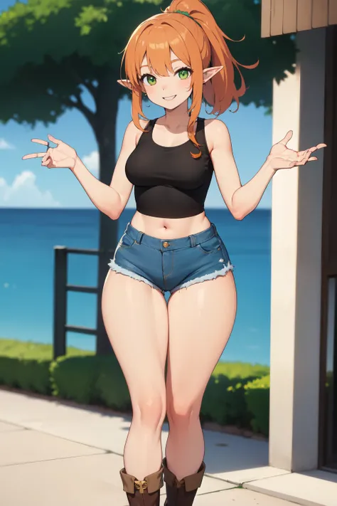 (High definition) (masterpiece), Young elf girl, wide hips, small breasts, slender body, big thighs, beautiful legs, medium orange hair, tanned skin, green eyes, wearing white tank top, jeans shorts, with ponytail, brown boots, relaxed pose, smiling