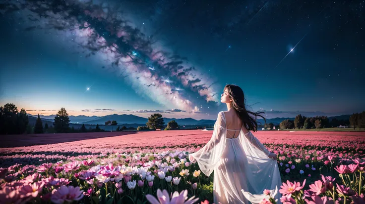 There is a girl Standing in a flower field looking up at the sky, a girl Standing in a flower field, Girl walking in a flower field, I was lost in a dream-like wonderland, Standing in a flower field, Amazing digital painting, The sky gradually cleared, The...