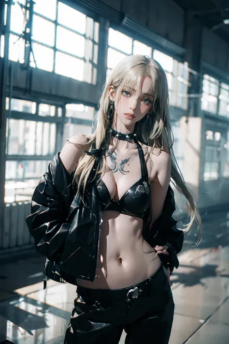 Realistic:1.2, Rocker girl in leather jacket,Slim figure、Normal bust size、 highly Realistic photograph, whole body, Browsing Caution, Spiked clothing,White tank top、Navel exposed、Leather high leg bikini pants、tattoo,Earrings Dark lipstick, blue eyes,Blonde...