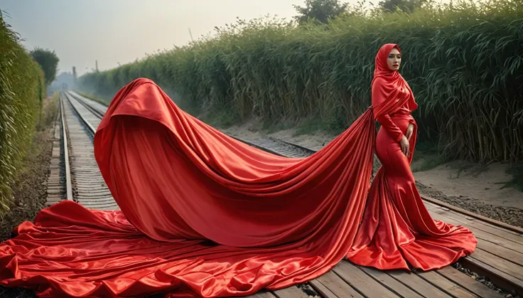 A woman shrouded in a 10-meter-long, plush red satin cloth, tightly bound and grandly draping along the form of her body, flowing off into a pooled floor-length train, styled in a mermaid-inspired outfit, her head modestly veiled in a satin hijab, tall wom...