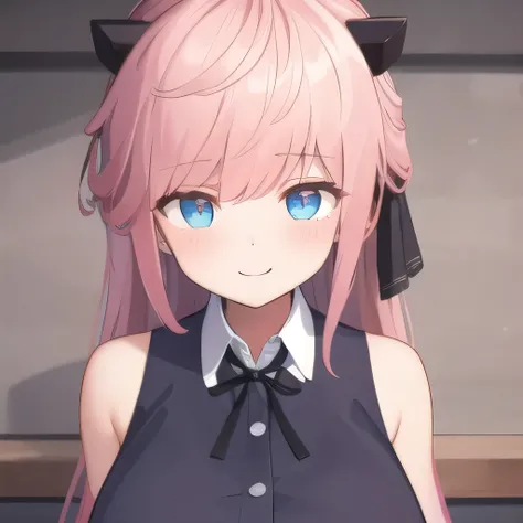 ((masterpiece)),(best quality),official art,extremely detailed CG,unity 8k wallpaper,ultra detailed, bedroom,1girl,solo,upper body,(portrait:1.2),looking at viewer,Vivi(v atmi),blue eyes,nude body,hair ribbon,horns,long hair,smile,black thighhighs,black gl...