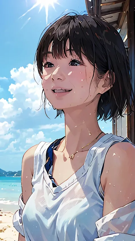 Ultra Close-Up、close-up、Close-up of face、Upper Body、(masterpiece、Highest quality)、(afternoon、sun、Clear skies) 、Extreme heat、Sweat、The sun shines、The sun hits the body and the light penetrates、 (one person、Very beautiful Adult women、Messy black hair、Small N...