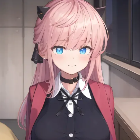 ((masterpiece)),(best quality),official art,extremely detailed CG,unity 8k wallpaper,ultra detailed,bedroom,1girl,solo,face shot,(portrait:1.2),looking at viewer,Vivi(v atmi),neck ribbon,blue eyes,shirt under dress,hair ribbon,horns,long hair,white_button,...