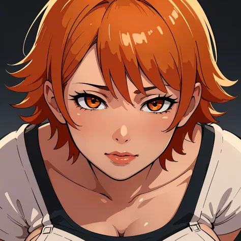 top quality, masterpiece, ultra high definition, (photorealistic: 1.4), raw photo, 1 anime girl milf with short orange hair and orange eyes thick lips has lipstick shiny skin,  dramatic lighting, whole body,  She wore only a white apron with big tits 