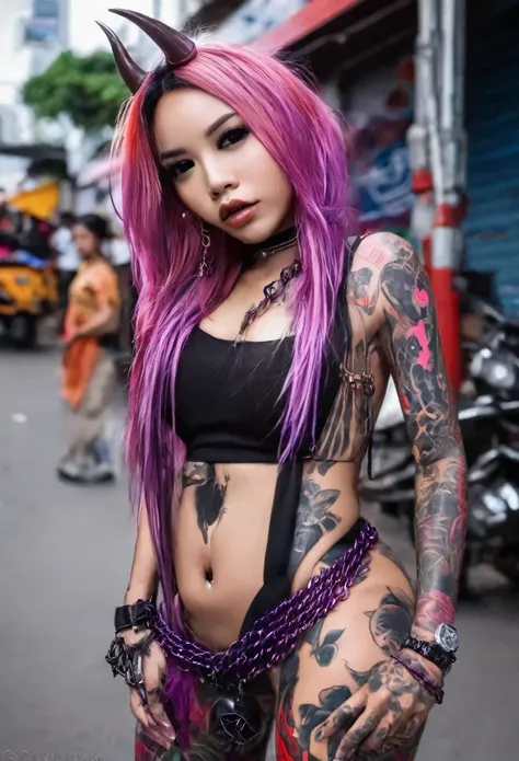 An enticing devil (sexy woman, sexy black skin tight outfit, violet eyes, extensive purple tattoos, pink skin, chromatic hair, red hot metal chains wrapped around arms and dangling), streets of bangkok
