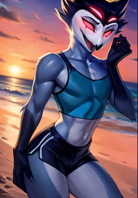 por zackary911,by Chunie,(by place:1.2),by kiyosan,by sigma,((masterpiece)), ((8K quality)), (without watermark), stolas, male, Closed mouth, ((beach background)), sunset, standing, chest forward, Shorts, another hand at his side, (Alone:1.4), pulcro, brig...