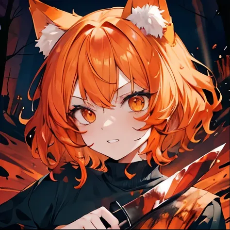 Mature orange-eyed girl, orange catgirl ears and tail, (full lips: 1.2), short orange hair ending in soft curls, evil grin, forest backdrop, (clothing and face and hair splashed with red paint: 1.2), (threatening me with a bloody knife: 1.3)