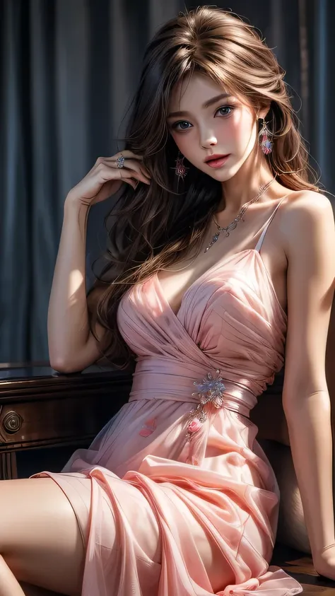 Highest quality、masterpiece、Ultra-high resolution、reality、Portrait、Elegant mature woman、blue eyes、Long Hair、Side bangs、(Translucent pink dress)、4K resolution、High-quality CG、Feminine pose、Fair